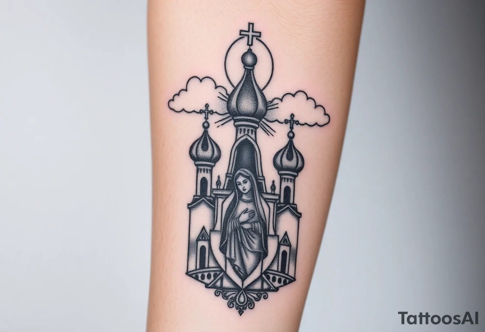 Russian Orthodox church with orthodox spire crosses, with clouds above it and a virgin mary seperately looking over hands on heart sat above tattoo idea