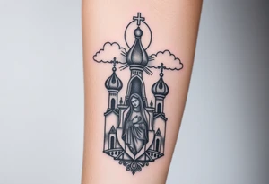 Russian Orthodox church with orthodox spire crosses, with clouds above it and a virgin mary seperately looking over hands on heart sat above tattoo idea