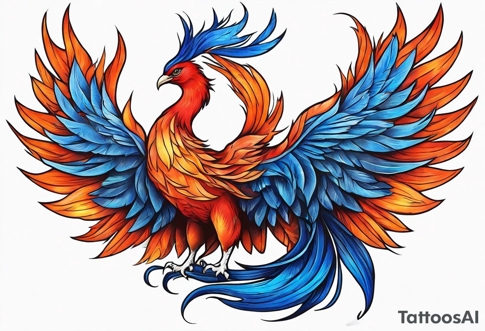 Proud Strong red orange phoenix with blue tips tattoo idea
