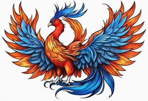 Proud Strong red orange phoenix with blue tips tattoo idea
