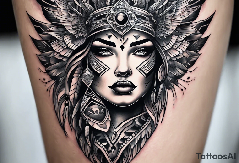 Thigh tattoo of a Powerful women face, motherhood, thunderbird, medical, psychology tattoo idea