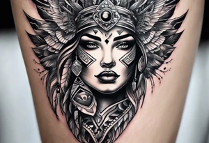 Thigh tattoo of a Powerful women face, motherhood, thunderbird, medical, psychology tattoo idea