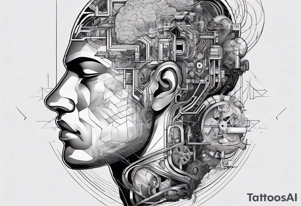 a modular mechanical design where the brain would be in a diagram of the dissected male human head connected or reflected by an abstract lines based image of a ship on fire tattoo idea