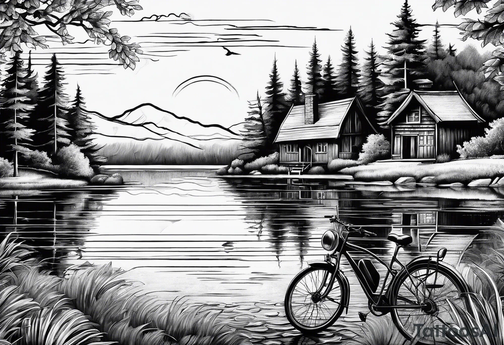 cycling against the backdrop of  a beautiful, serene lake tattoo idea