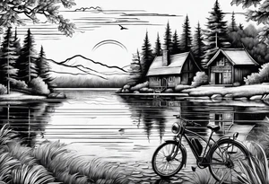 cycling against the backdrop of  a beautiful, serene lake tattoo idea