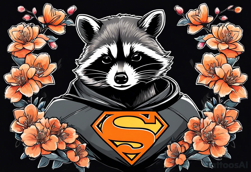 Raccoon wearing a white Superman logo on a black hoodie and orange Japanese cherry blossoms tattoo idea