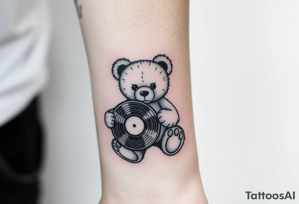 minimalist teddy bear holding a vinyl record tattoo idea