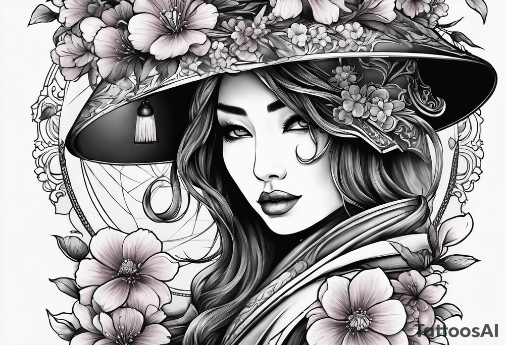 shadow cloak covered in flowers alongside a cherry blossom dagger tattoo idea