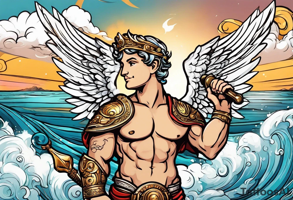 cupido  fly boy with wings, background sea, ancient rome gods tattoo idea