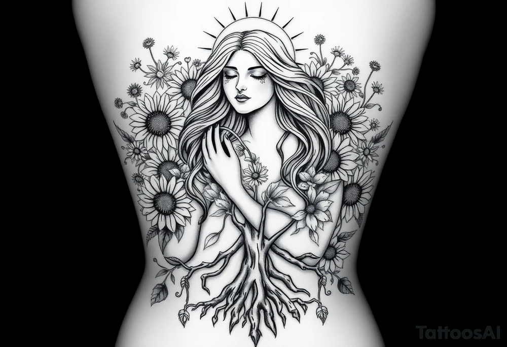 Realistic black and grey back tattoo design of Mother Earth surrounded by flowing sunflowers, wildflowers, vines, and glowing celestial elements. She has a calm, powerful face, long wavy hair blending into the plants, and is cradled by vines. Her hands are raised toward a radiant sun above her head. At the bottom, tree roots grow from her lower body, grounding her. The composition is vertical, ethereal, sacred, and feminine. Smooth shading, sculptural style, no cartoon features. High-detail, made for a full back piece. It should be the full body of Mother Earth going down the spine tattoo idea