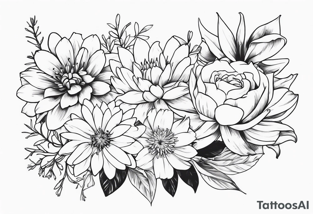 Asters, roses, lily, and chrysanthemums sleeve tattoo idea