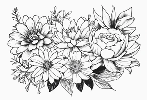 Asters, roses, lily, and chrysanthemums sleeve tattoo idea
