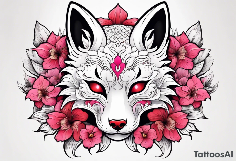 White kitsune Japanese mask with red accents and pink hibiscus flowers tattoo idea
