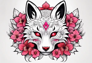 White kitsune Japanese mask with red accents and pink hibiscus flowers tattoo idea