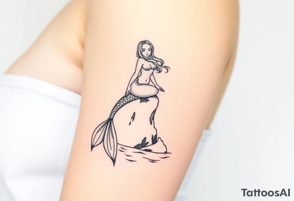 mermaid above water sitting on rock with tail in water tattoo idea