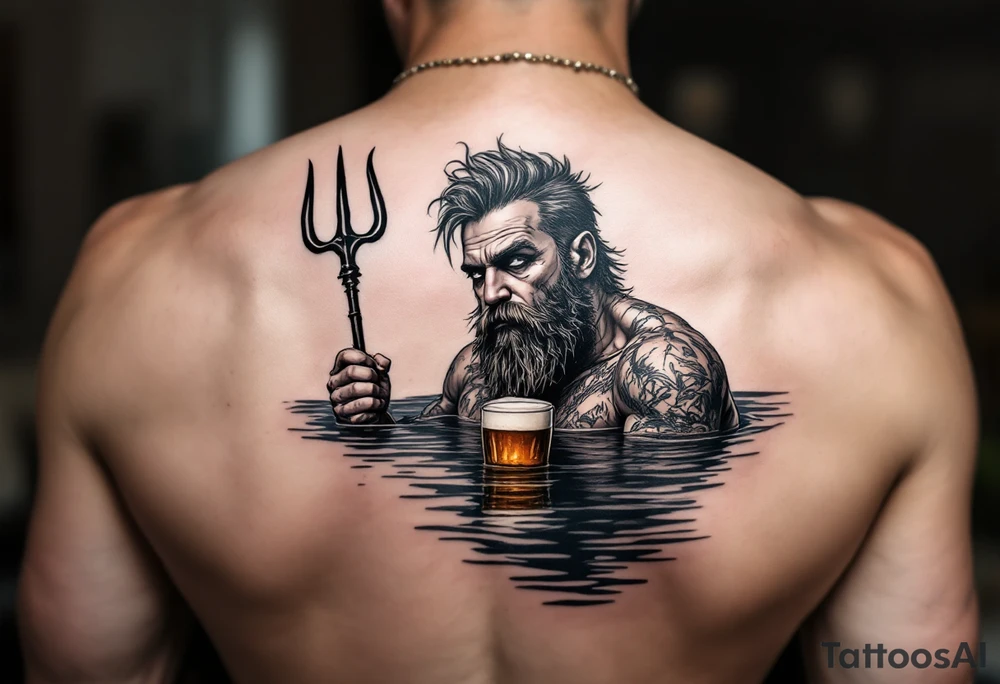 Drunk guy with trident half way in calm water with a beer tattoo idea