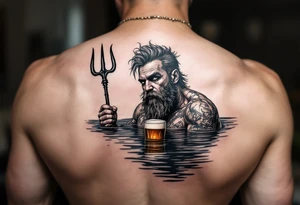 Drunk guy with trident half way in calm water with a beer tattoo idea