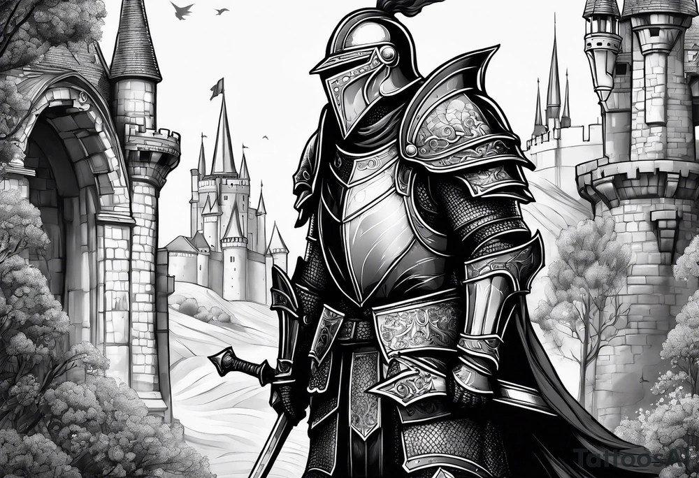 knight with heavy armor  and castle tattoo idea