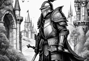 knight with heavy armor  and castle tattoo idea