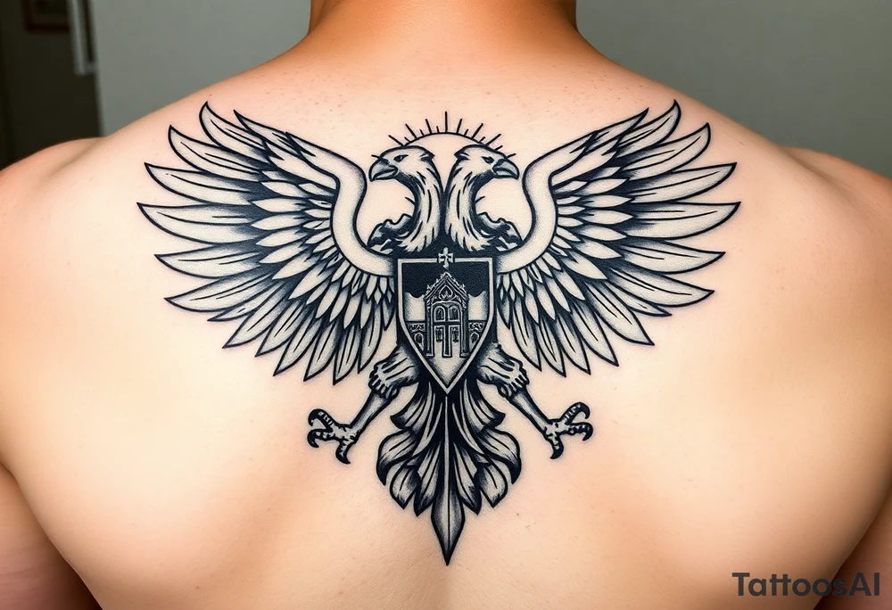 i am looking at getting a russian / serbian style double headed eagle like the coat of arms spread out on my back neck across my shoulders / traps in a orthodox christian church style setting with a sun beaming and in a mountainous setting tattoo idea