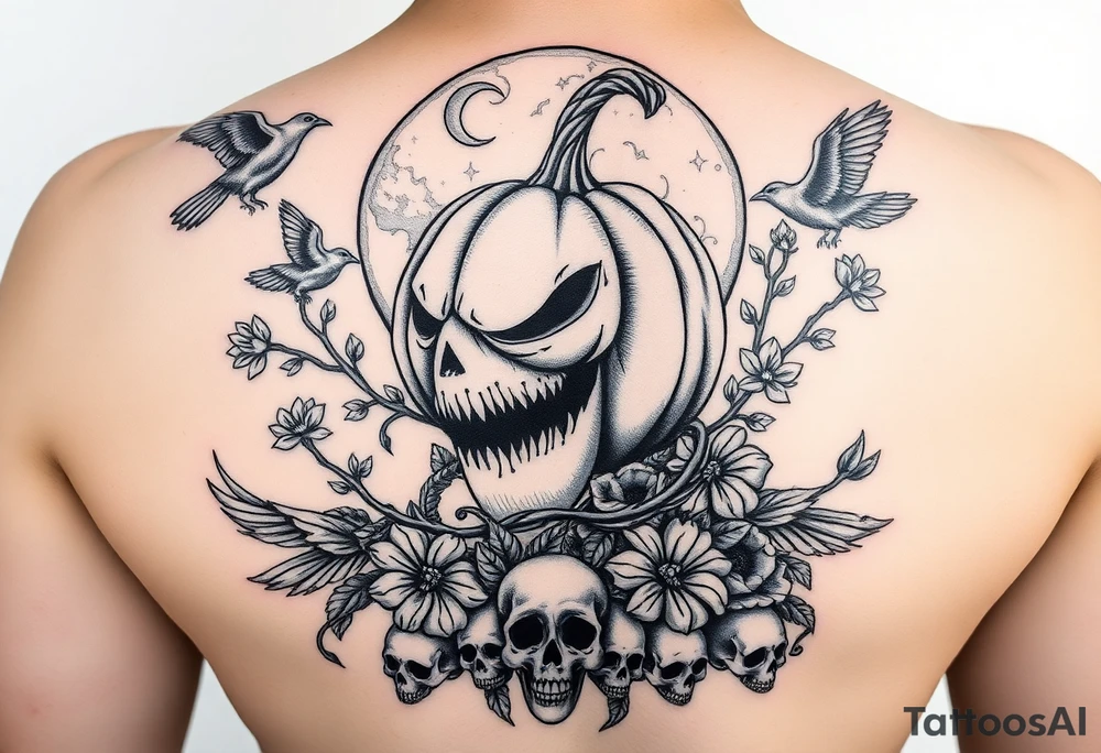 powerful wicked pumpkin head sentinel with vine body, surrounded by floral ornaments and birds, moon in the background with ravens and skulls at the base tattoo idea