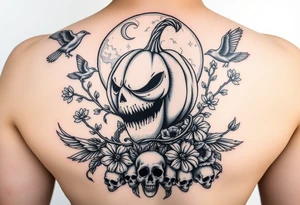 powerful wicked pumpkin head sentinel with vine body, surrounded by floral ornaments and birds, moon in the background with ravens and skulls at the base tattoo idea
