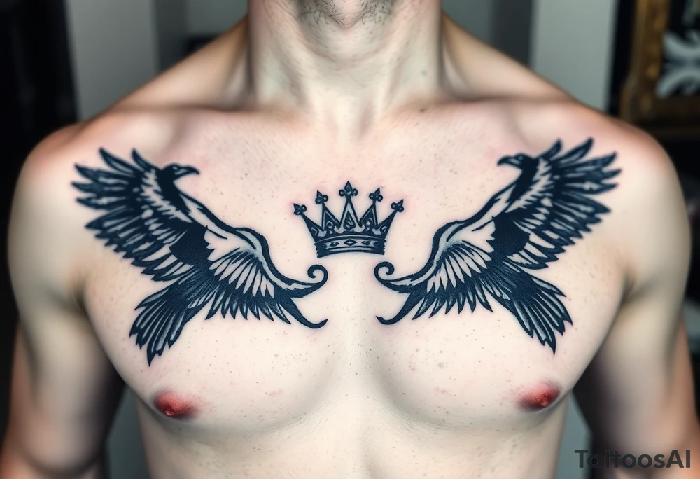 Chest tattoo, two ravens and icelandic symbols, dark brest tattoo, crown betwen ravens tattoo idea