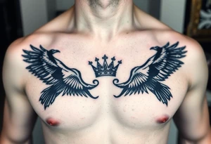 Chest tattoo, two ravens and icelandic symbols, dark brest tattoo, crown betwen ravens tattoo idea