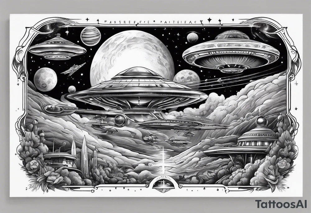 space themed arm sleeve with aliens ufos airplanes and rockets tattoo idea