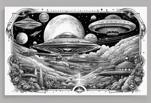 space themed arm sleeve with aliens ufos airplanes and rockets tattoo idea
