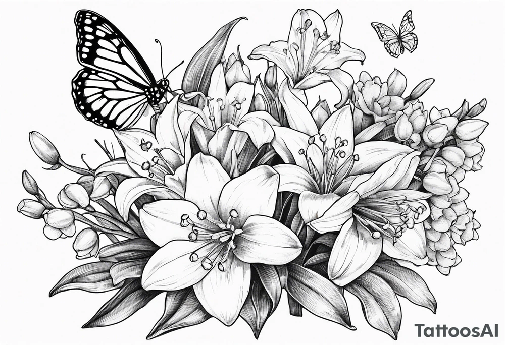 Fine line 
lily of the valley, daisy and daffodil bouquet with butterfly 6-8 inches bi tattoo idea