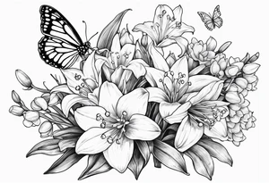 Fine line 
lily of the valley, daisy and daffodil bouquet with butterfly 6-8 inches bi tattoo idea