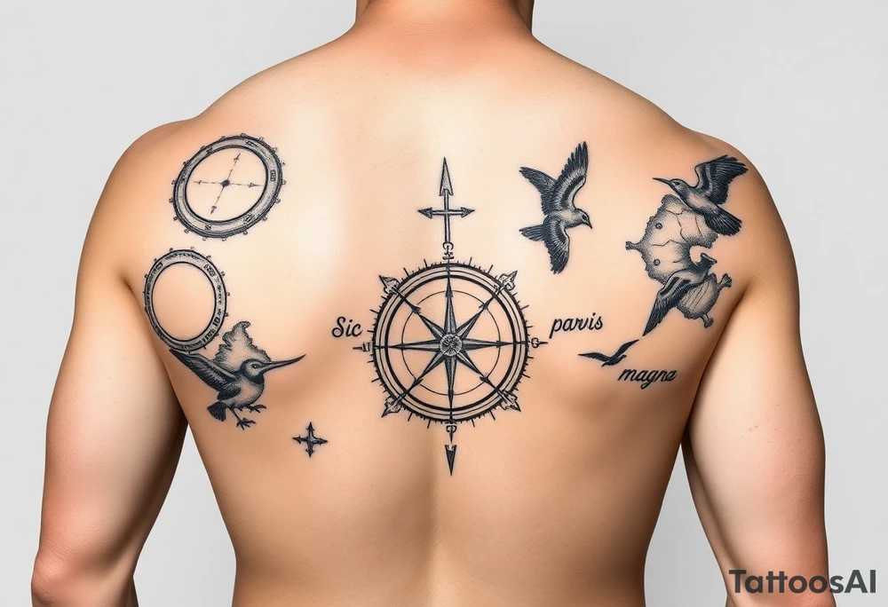 Uncharted 4 sleeve from upper elbow to shoulder including the designs of the ring, decoder, birds, map, and compass with the words sic parvis magna. tattoo idea