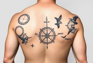 Uncharted 4 sleeve from upper elbow to shoulder including the designs of the ring, decoder, birds, map, and compass with the words sic parvis magna. tattoo idea