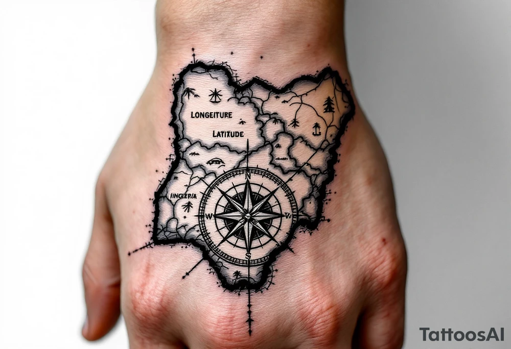 Compass on the hand in the shape of Nigeria with longitude written on the top and latitude written on the bottom. Draw lines from a treasure map connecting from the arm to the tattoo tattoo idea