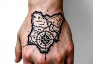 Compass on the hand in the shape of Nigeria with longitude written on the top and latitude written on the bottom. Draw lines from a treasure map connecting from the arm to the tattoo tattoo idea