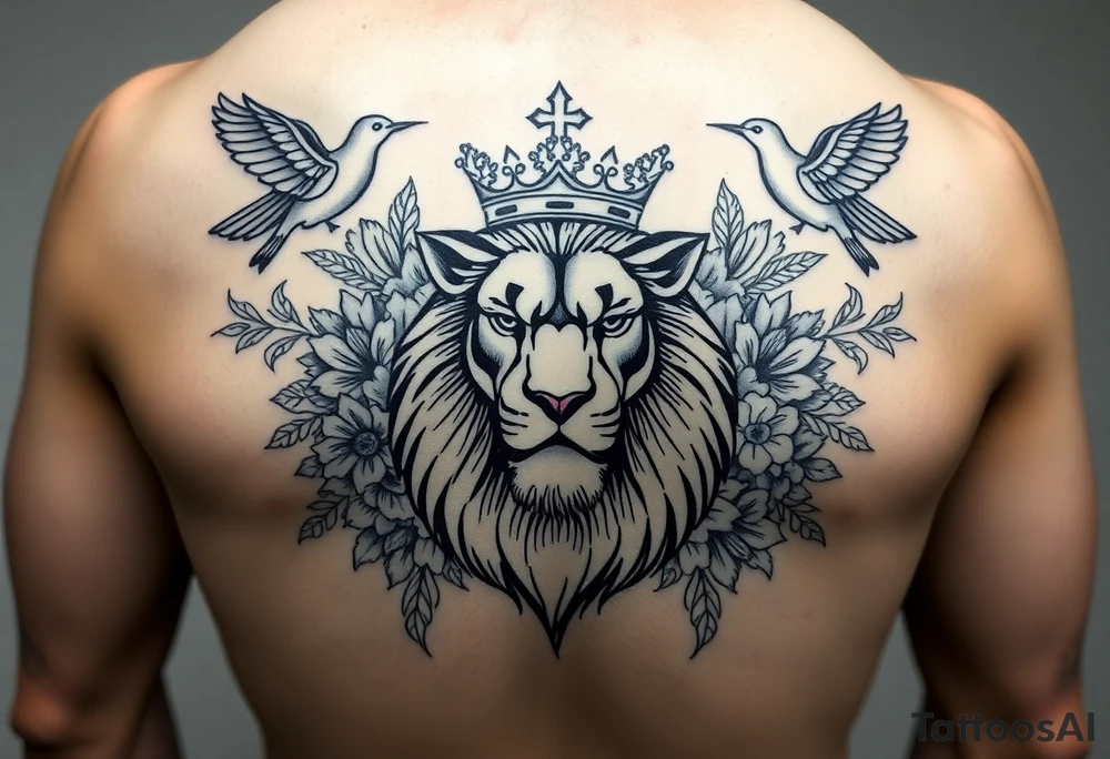 stencil of powerful majestic lion with a crown, surrounded by floral ornaments and birds tattoo idea