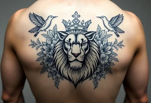 stencil of powerful majestic lion with a crown, surrounded by floral ornaments and birds tattoo idea