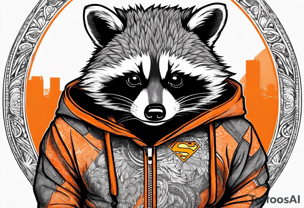 Raccoon wearing an orange Superman hoodie tattoo idea