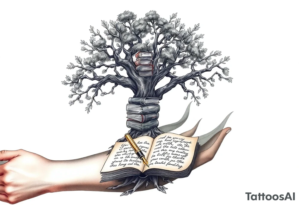 Majestic tree of knowledge with books connected as roots stacked up and an open journal with beautiful cursive writing at the base with a fountain pen for the left arm sleeve tattoo idea
