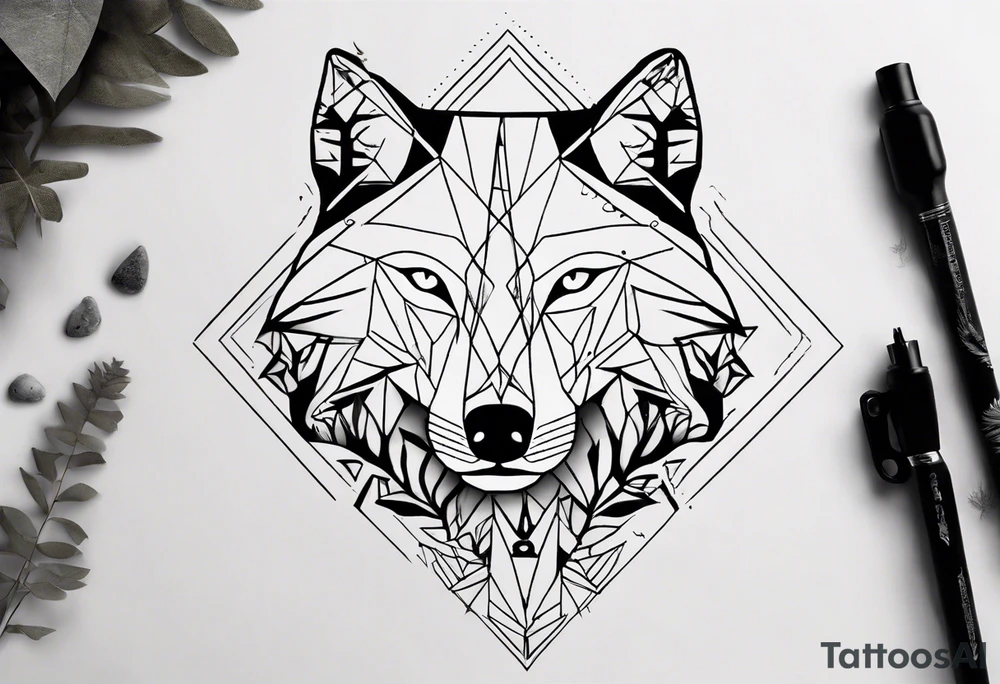 Wolf's face with geometric patterns flowing from it along with impressions of trees, a forest tattoo idea