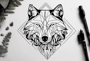 Wolf's face with geometric patterns flowing from it along with impressions of trees, a forest tattoo idea