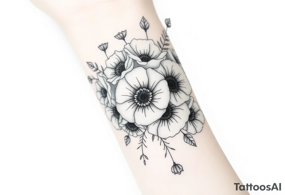 Bouquet of roses, carnations, marigolds and poppies tattoo idea