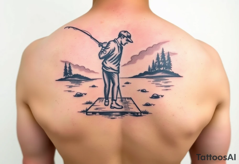 Fisherman on a pier surrounded by nature, colorful tattoo idea