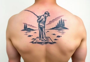 Fisherman on a pier surrounded by nature, colorful tattoo idea