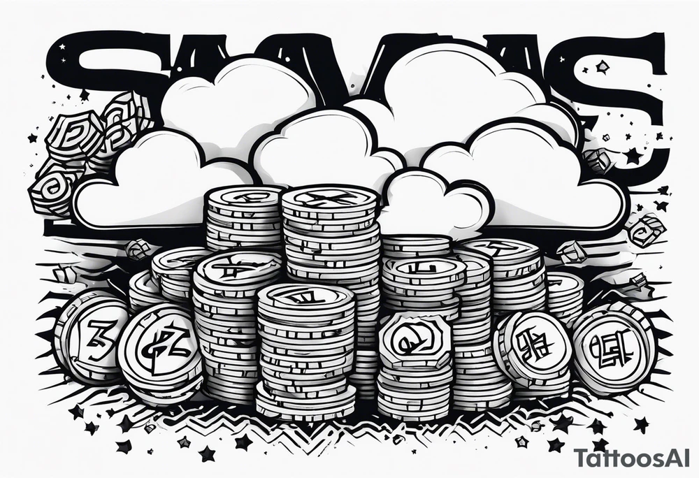 AYEOH across the sky with clouds and wads of cash tattoo idea