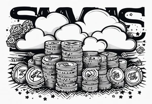 AYEOH across the sky with clouds and wads of cash tattoo idea