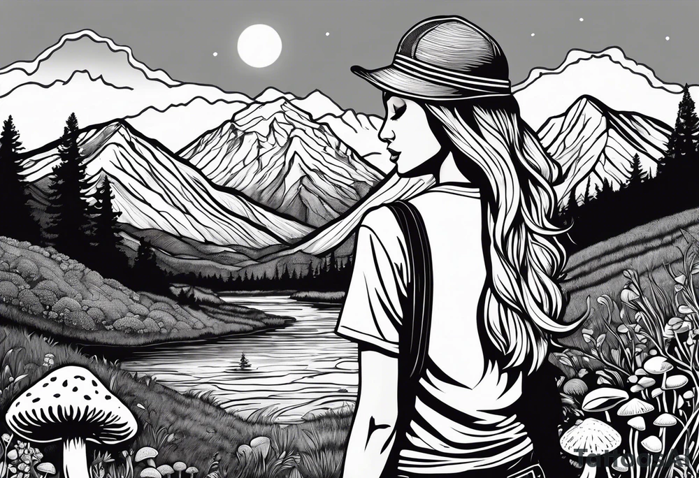 Straight long blonde hair hippie girl in distance holding mushrooms in hand facing away toward mountains and creek surrounded by mushrooms tee shirt and hiking pants tattoo idea