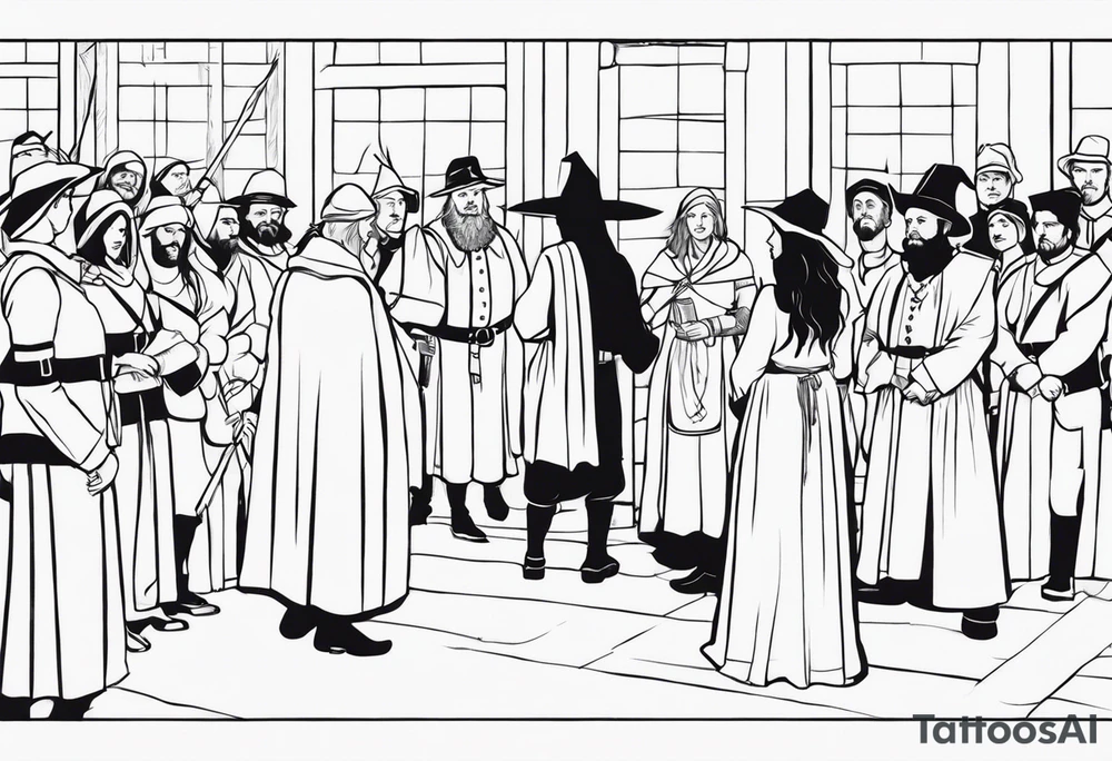 The accusation of a witch in the Salem trials. An otherwise quiet member of the community is accosted by a crowd, perhaps with a member of the clergy and a soldier of some kind present to take them into custody. tattoo idea