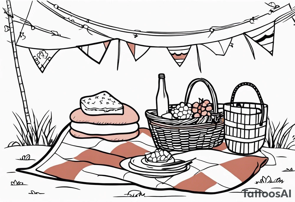 picnic scene with a sheckers blanket, basket, pillows and party pennants. Thin lines. tattoo idea